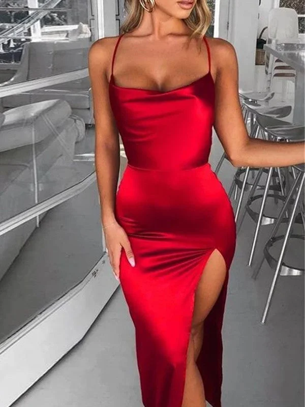 Sheath/Column  Woven Satin Ruched Spaghetti Straps Sleeveless Ankle-Length Dresses Tunics Evening elegant