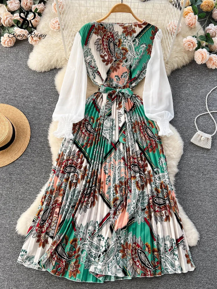 Yipinpay Ethnic Style Print Dress Women Spring New Fashion Puff Sleeve Lace-up Design Sheath 2024 Retro A-Line Long Dress Tunics Designer luxury Yipinpay Ethnic Style Print Dress Women Spring New Fashion Puff Sleeve Lace-up Design Sheath 2024 Retro A-Line Long Dress Tunics Designer luxury