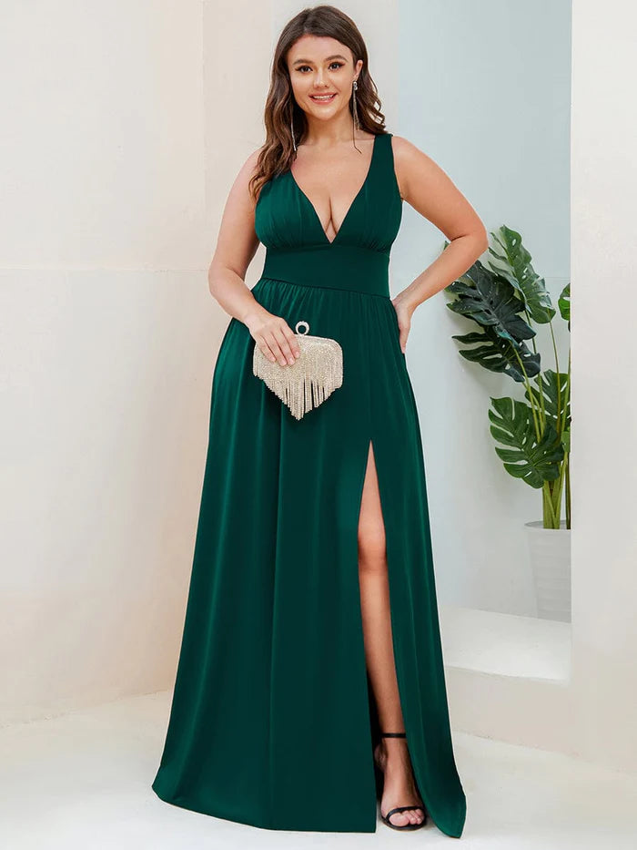 Plus Size Sleeveless V-Neck Empire Waist High Slit Floor-Length Evening Dress Tunics Trendy modern