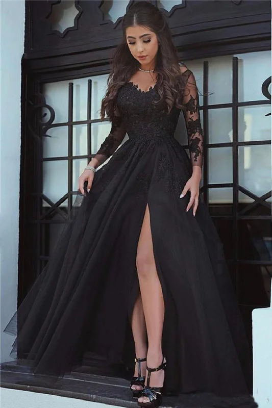 Chic Long Sleeves Appliques Lace Prom Dresses with Split Side Tunics Office stylish