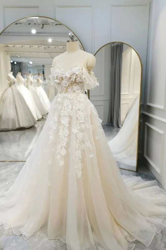 Champagne Tulle Lace Long Prom Dress, A-Line Evening Gown A-Line Day Work
