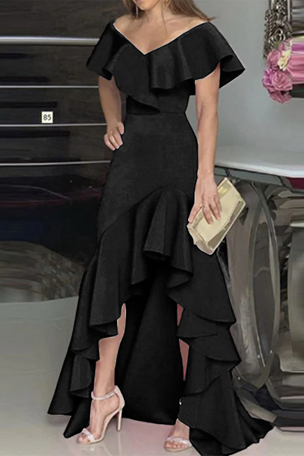 Elegant solid color ruffled V-neck irregular and floor length dress Tunics Trendy modern
