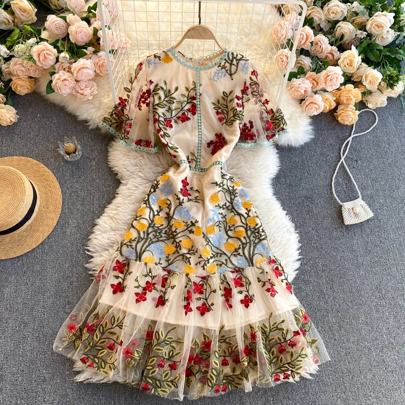 Yipinpay Retro Mesh Embroidery Dress Women Short Sleeve Ruffles A-line Dress Summer High Quality Elegant Chic Streetwear Dress Shift Classic Vintage