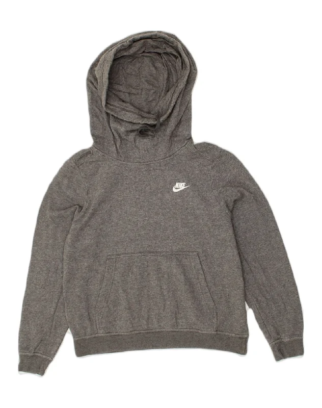 NIKE Womens Crop Hoodie Jumper UK 14 Medium Grey Cotton Hoodie with High-Low Hem Asymmetrical Trendy