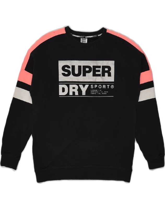 SUPERDRY Womens Graphic Sweatshirt Jumper UK 10 Small Black Cotton Hoodie with Mesh Breathable Sporty
