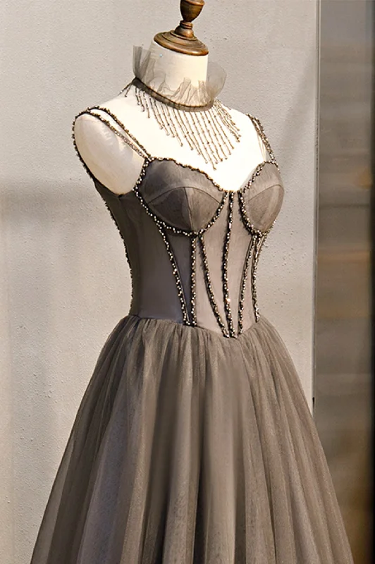 Gray Tulle Spaghetti Strap Long Prom Dresses, A-Line Evening Dresses Tunics Luxurious premium