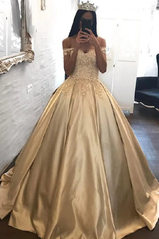 Unique Gold Ball Gown Floor Length Off The Shoulder Long Prom Dresses With Appliques Tunics Formal black