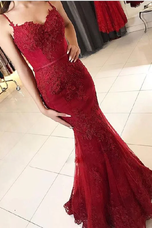 Impressive Red Spaghetti Straps Mermaid With Lace Appliques Prom Dresses Tunics Mesh breathable