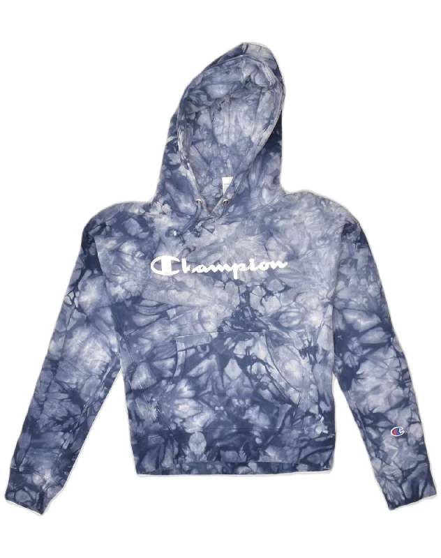 CHAMPION Womens Graphic Hoodie Jumper UK 6 XS Blue Tie Dye Cotton Hoodie with Hem Lace Feminine Delicate