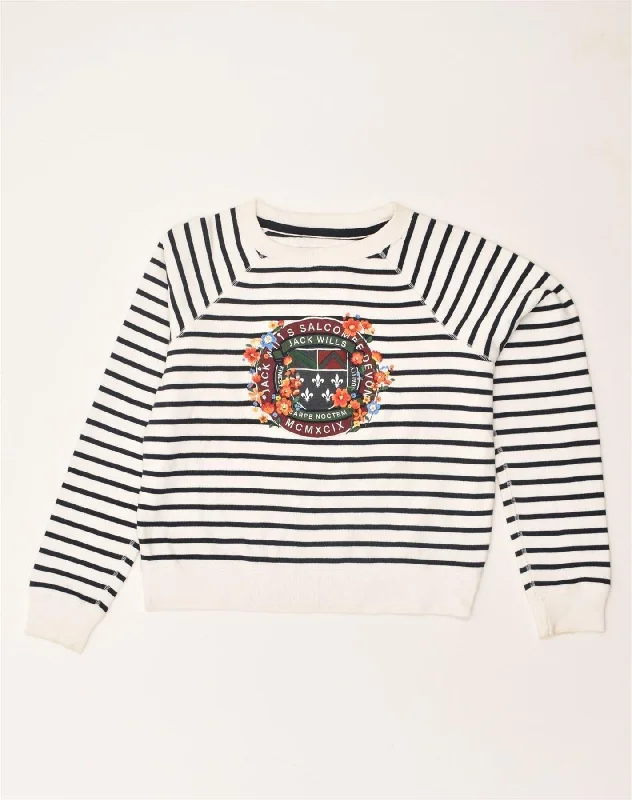 JACK WILLS Womens Graphic Sweatshirt Jumper UK 8 Small White Cotton Hoodie with Pocket Utility Practical