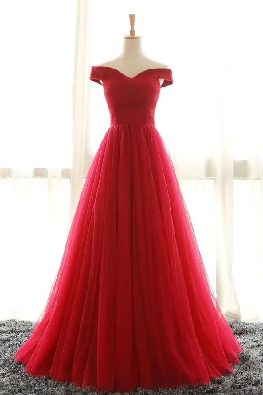 Red Off Shoulder A Line Floor Length Layers Prom Dresses Shift Classic Vintage