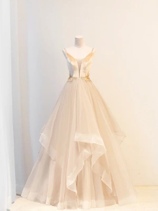 Champagne Velvet and Tulle Long Prom Dress, V-Neck Spaghetti Strap Evening Dress A-Line Day Work