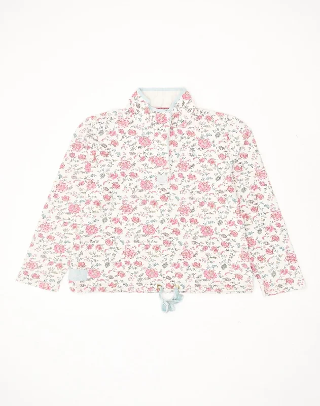 JOULES Womens Button Neck Sweatshirt Jumper UK 12 Medium White Floral Hoodie with Snap Buttons Easy Quick