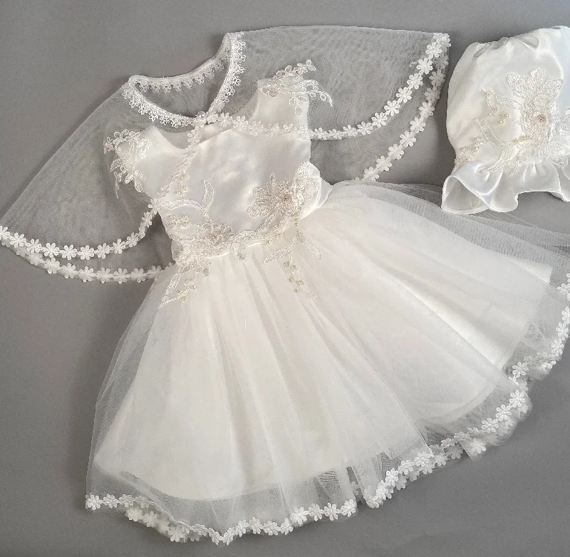 Dress 3 Girls Christening Baptismal Embroidered Dress with Pearl Accents, Matching Cape and Hat Tunics Top rated Dress 3 Girls Christening Baptismal Embroidered Dress with Pearl Accents, Matching Cape and Hat Tunics Top rated