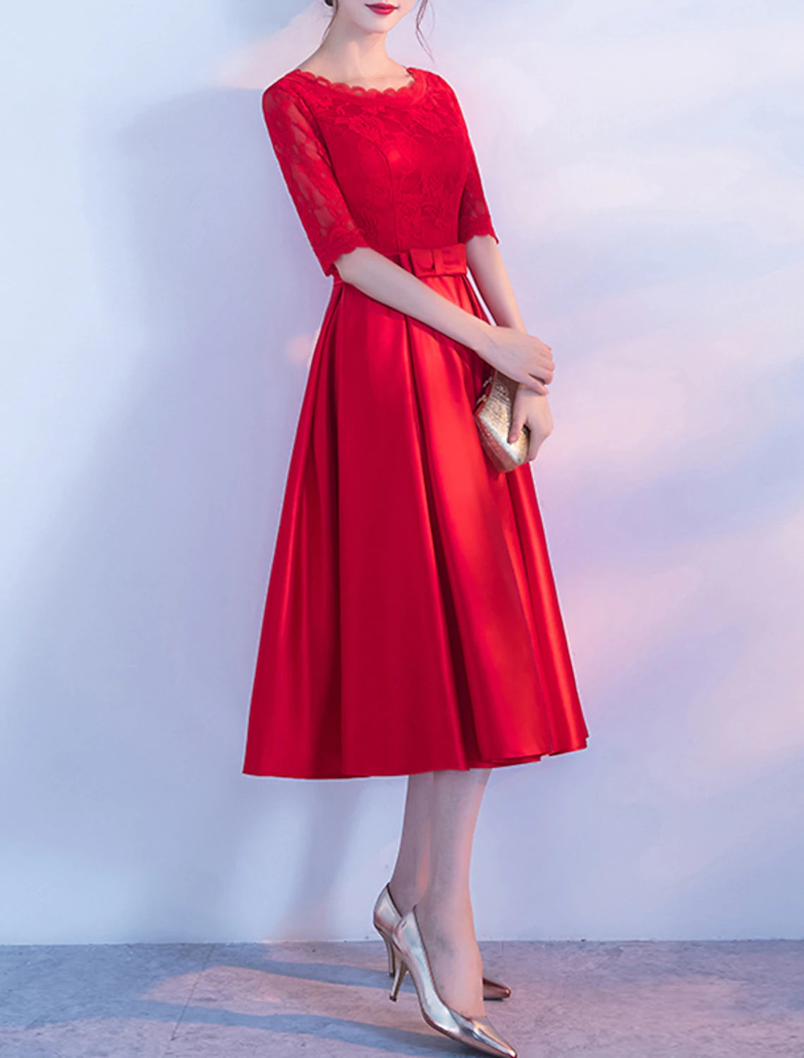 A-Line Cocktail Dresses Elegant Dress Party Wear Cocktail Party Tea Length Half Sleeve Jewel Neck Satin with Bow(s) Pleats Embroidery Tunics Long Elegant
