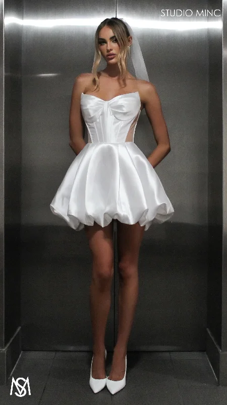 Lush - White Mini Party Bride Dress, satin strapless boned corset, net cut outs, balloon skirt Tunics stripes playful