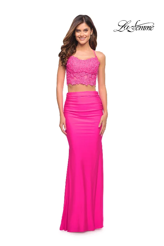 Neon Pink Two-Piece Long La Femme Prom Dress Floral Print girly