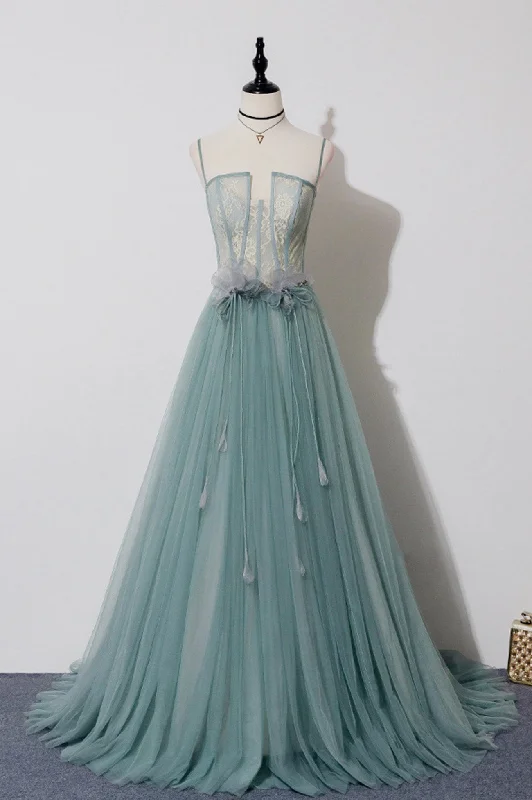 Green Lovely Tulle Straps Long A-Line Prom Dresses, Green Evening Dresses Tunics Summer linen