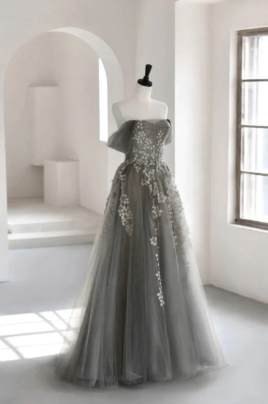 Gray Tulle Lace Long Prom Dress, A-Line Off the Shoulder Evening Dress Boat Neckline Classic