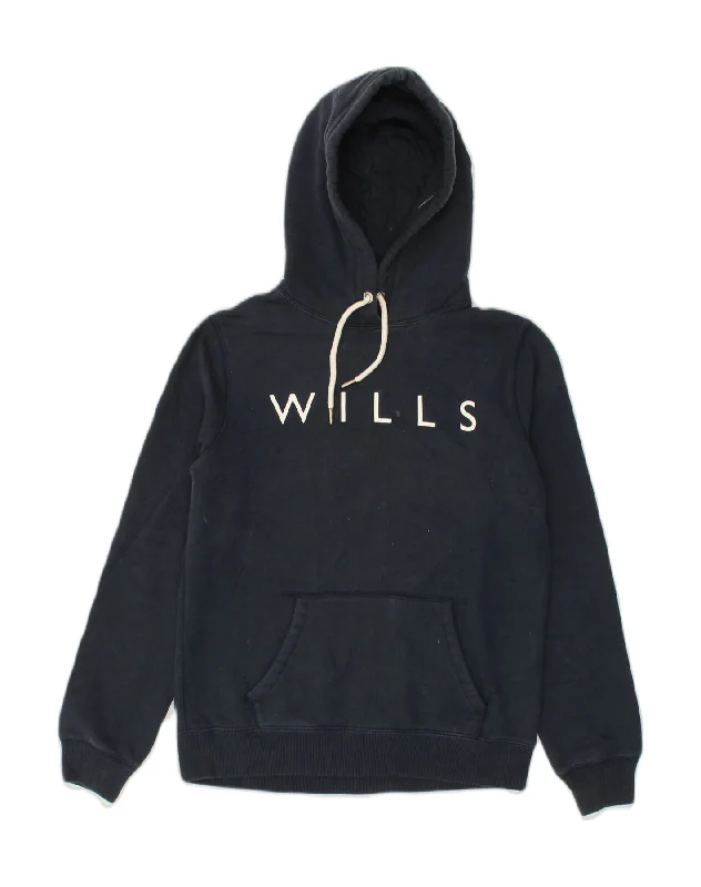JACK WILLS Womens Loose Fit Graphic Hoodie Jumper UK 10 Small Navy Blue Hoodie with Hem Applique Textured Unique