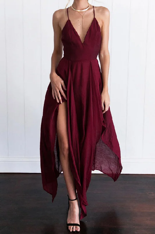 Burgundy Asymmetrical A Line Deep V Neck Sleeveless Backless Side Slit Prom Dresses Bodycon Club Sequined