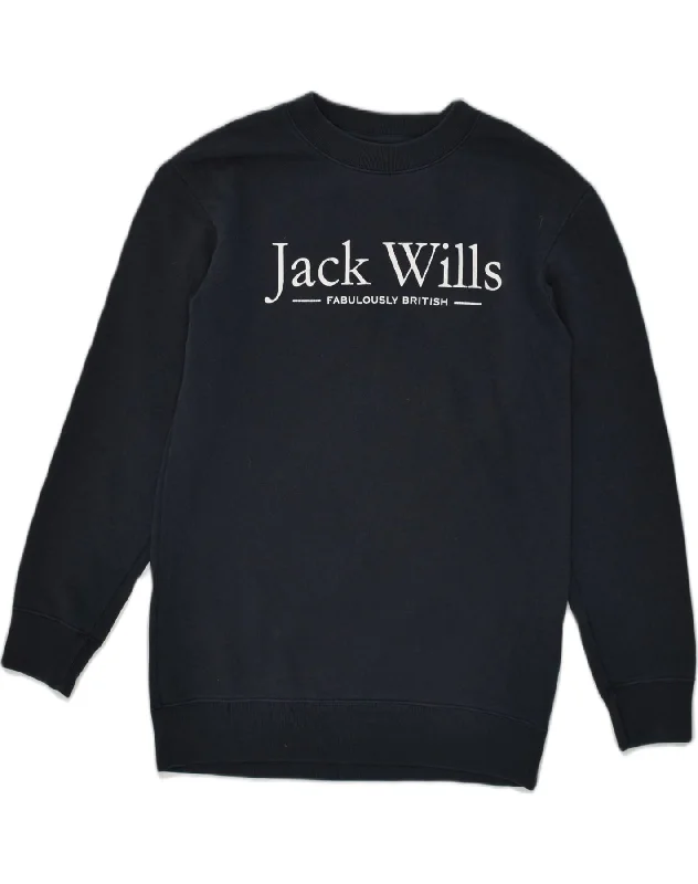 JACK WILLS Womens Loose Fit Graphic Sweatshirt Jumper UK 8 Small Navy Blue Hoodie with Hood Adjustable Protection