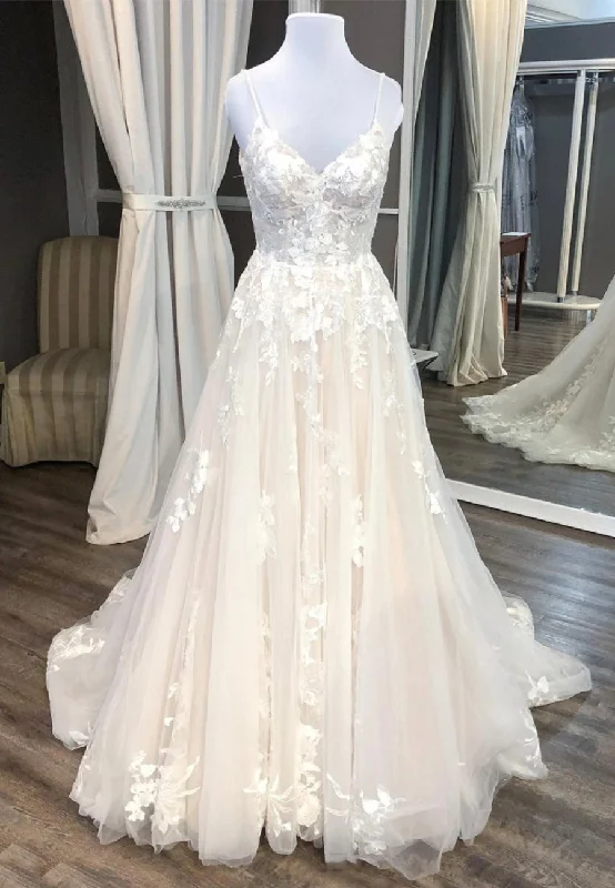 Champagne V-Neck Lace Long Prom Dresses, A-Line Evening Dresses Crew Neckline Casual