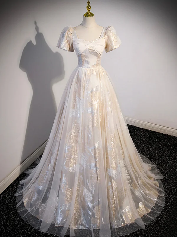 Champagne Tulle Long Formal Dresses, Champagne Short Sleeve Evening Dresses Tunics Cozy comfortable