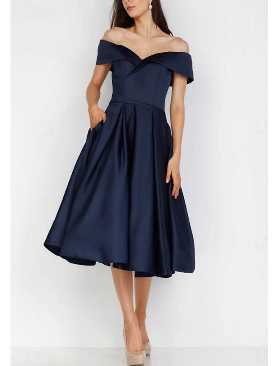 A-Line Cocktail Dresses Elegant Dress Formal Party Wear Tea Length Sleeveless Sweetheart Pocket Satin with Ruched Tunics stripes playful