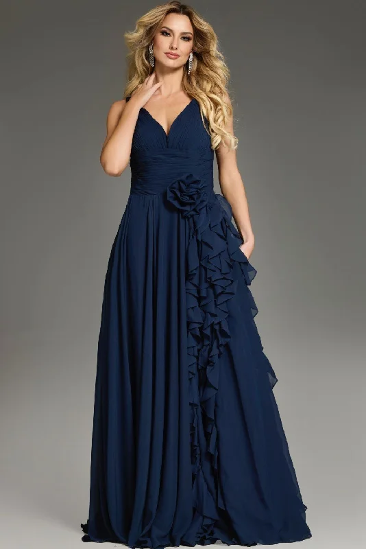 Jovani -37374 V-Neck Ruffled Floral A-Line Dress Off-the-shoulder Chic Trendy