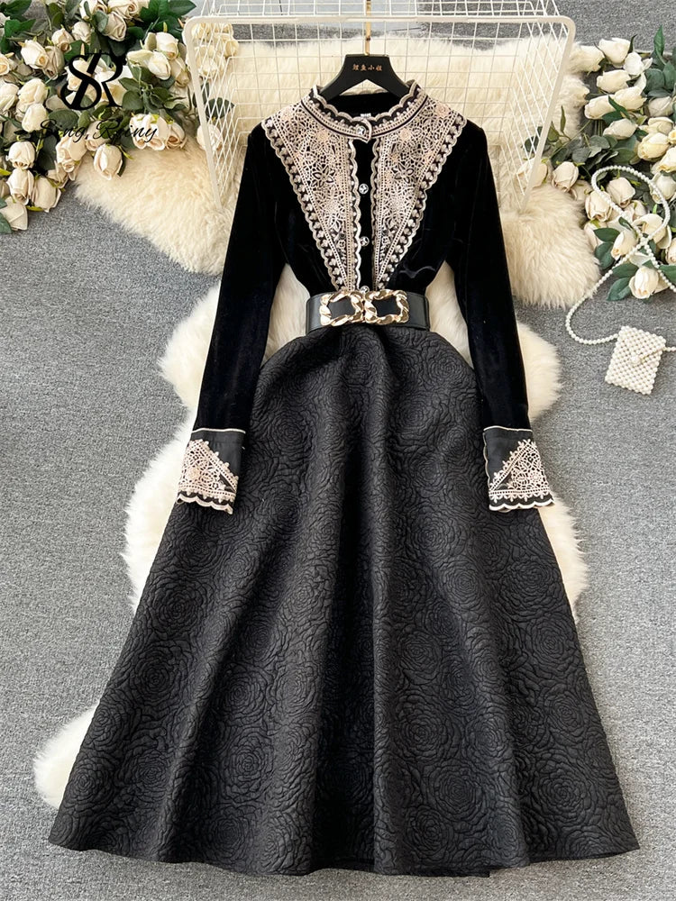 Yipinpay French Retro Dress Fashion High Quality Embroidery Velvet Long Sleeves Women Elegant Belt Design A Line Court Dress Tunics Essential wardrobe