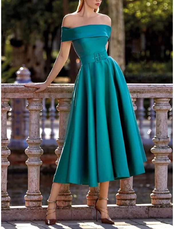 A-Line Evening Gown Elegant Dress Formal Tea Length Short Sleeve Off Shoulder Satin with Pleats Strappy Crew Neckline Sporty