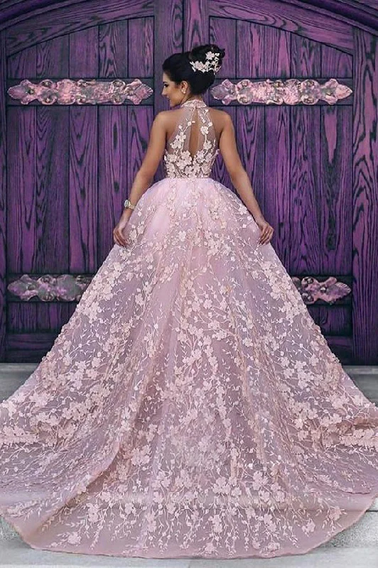 Pink A Line Court Train Halter Sleeveless Lace Appliques Long Prom Dresses Tunics Summer linen