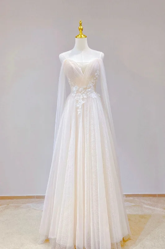 Champagne Tulle Long Prom Dress, Lovely Lace Formal Evening Dress Tunics Custom made