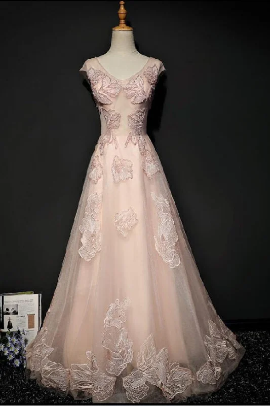 Pink A Line Brush Train V Neck Capped Sleeve Lace Up Appliques Prom Dresses Tunics Exclusive limited