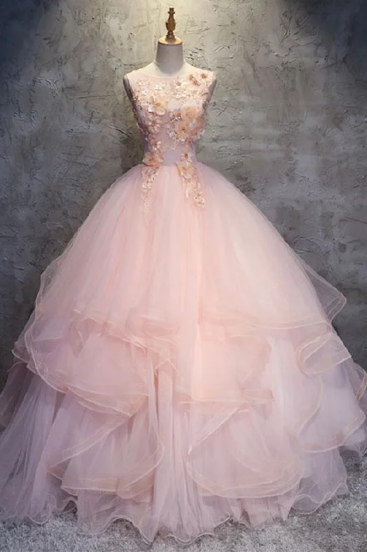 Pink Ball Gown Floor Length Sleeveless Layers Tulle Ruffles Floral Prom Dresses Tunics Running lightweight