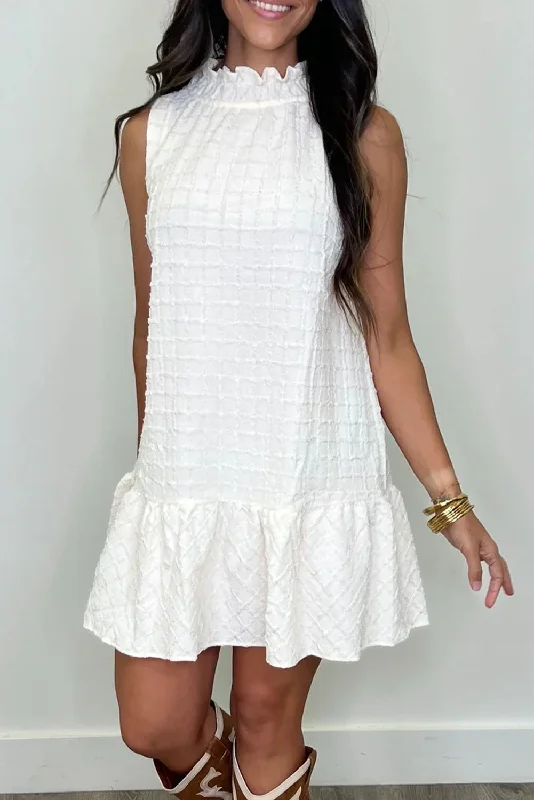 White Solid Color Grid Texture Frill Neck Ruffle Hem Dress Tunics Distressed trendy