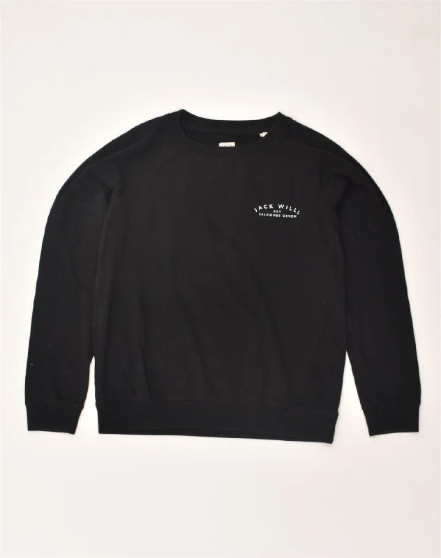 JACK WILLS Womens Sweatshirt Jumper UK 12 Medium Black Cotton Hoodie with Thumb Holes Functional Cozy