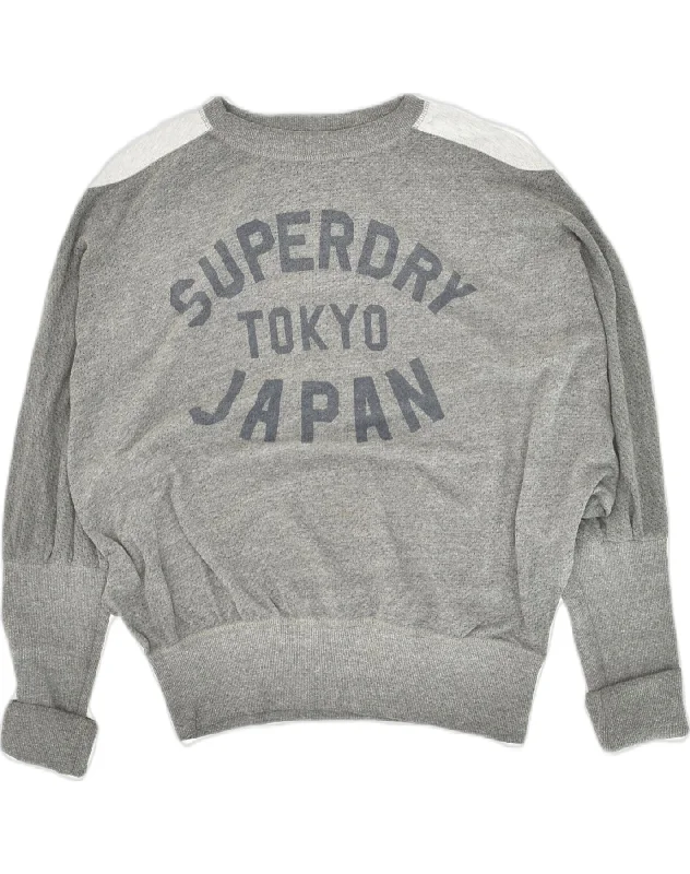 SUPERDRY Womens Graphic Sweatshirt Jumper UK 16 Large Grey Colourblock Hoodie with Applique Textured Unique