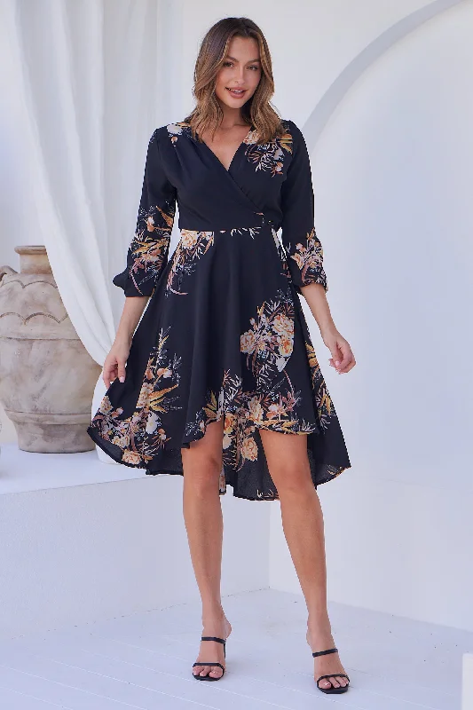 Hailey Cross Over Long Sleeve Black/Orange Print Dress Tunics Summer linen