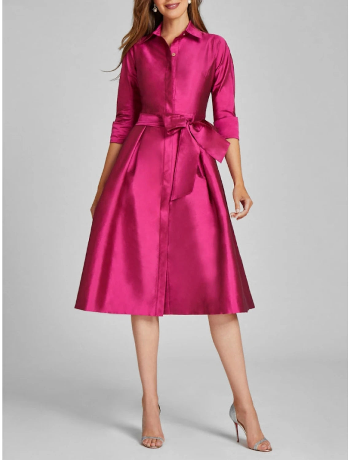 A-Line Cocktail Dresses Minimalist Dress Formal Fall Knee Length 3/4 Length Sleeve Shirt Collar Satin with Bow(s) Slit Tunics Silk luxurious