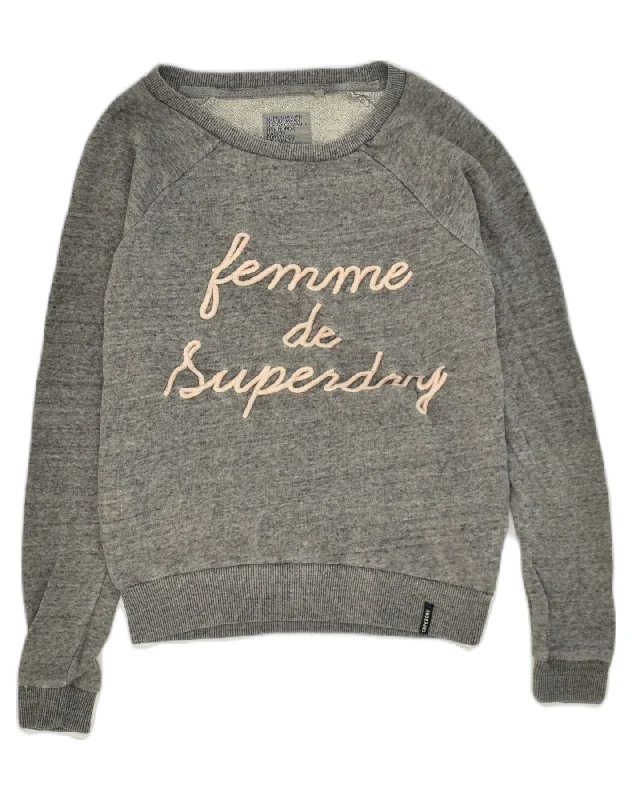 SUPERDRY Womens Oversized Graphic Sweatshirt Jumper UK 2 2XS Grey Cotton Hoodie with Typography Text Message