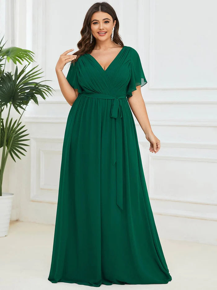 Plus Size Ruffle Pleated Chiffon Tie-Waist Evening Dress Tunics Cozy comfortable