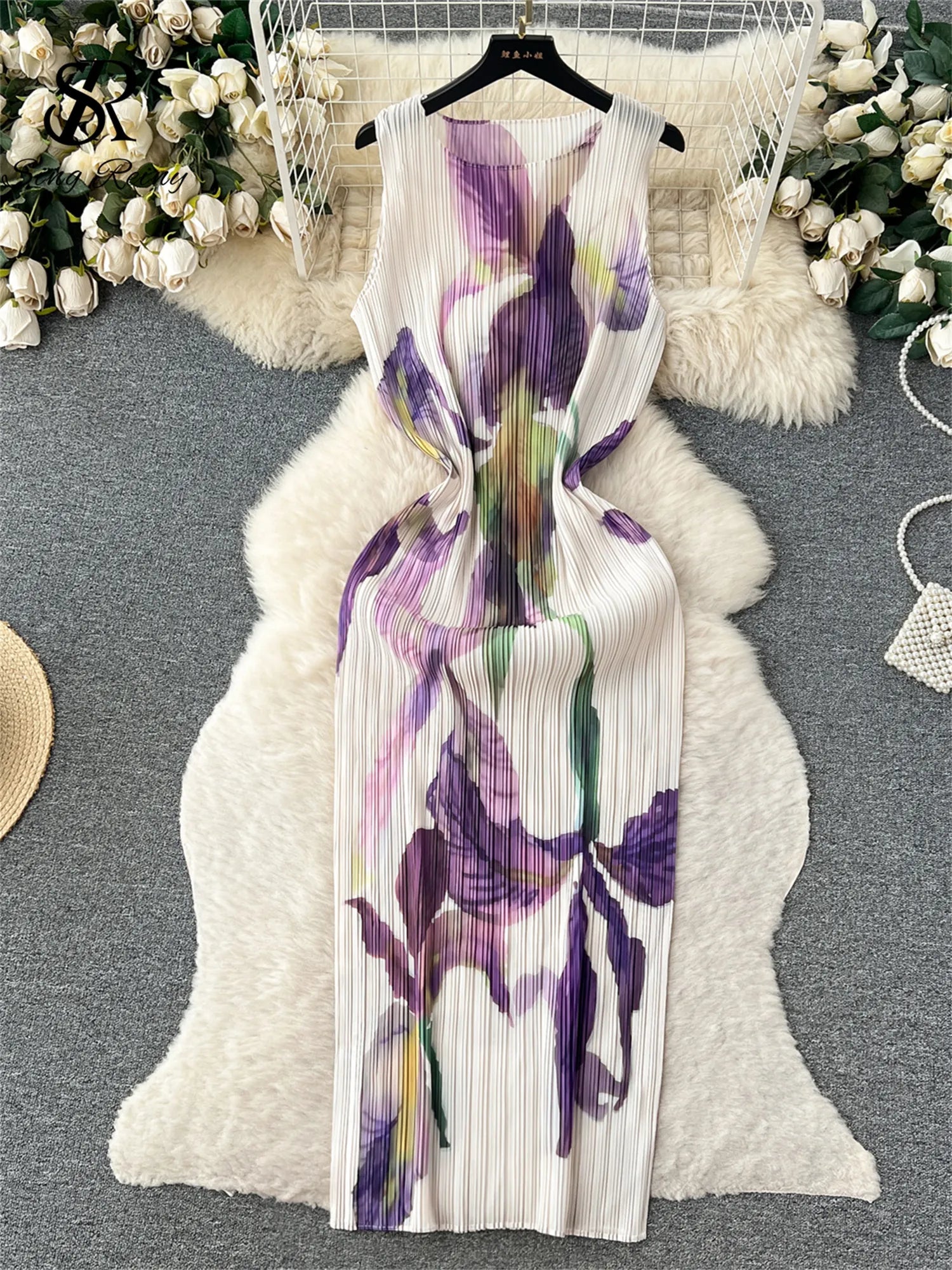 Yipinpay Fashion High Quality Long Dress Print Floral O Neck Sleeveless Pleated Design Elegant French Women Casual Loose Dress Off-the-shoulder Chic Trendy
