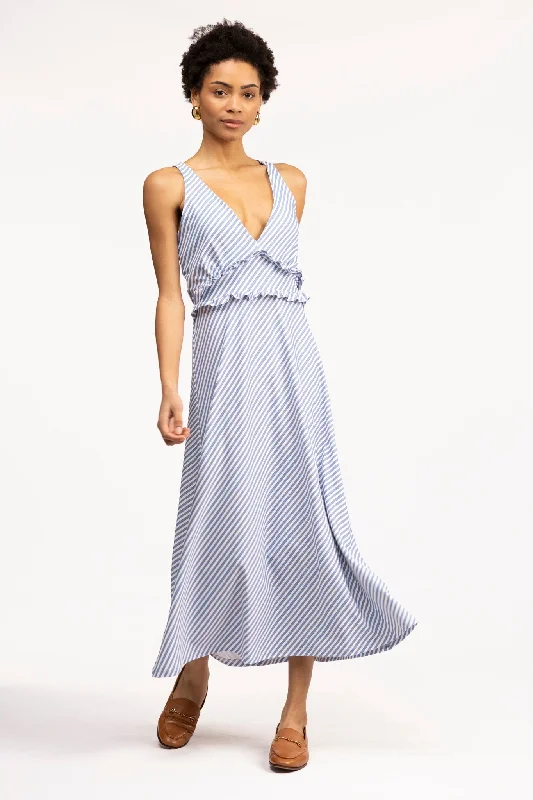 The Beryl Dress - Chambray Stripe Off-the-shoulder Chic Trendy