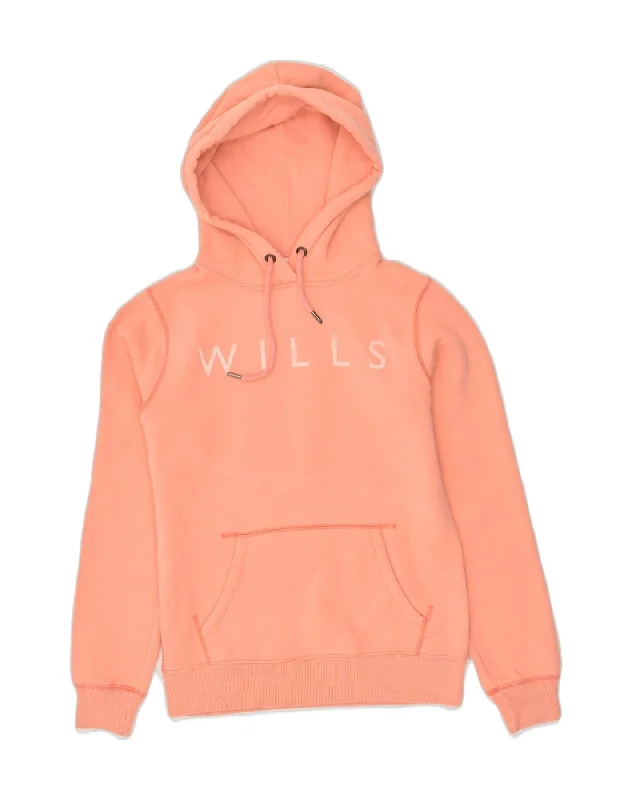 JACK WILLS Womens Graphic Hoodie Jumper UK 10 Small Orange Cotton Hoodie with Thumb Holes Functional Cozy
