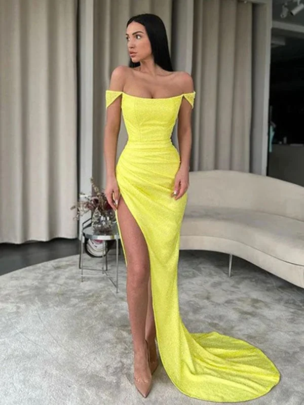 Sheath/Column Sequins Ruched Off-the-Shoulder Sleeveless Sweep/Brush Train Dresses Tunics Formal black