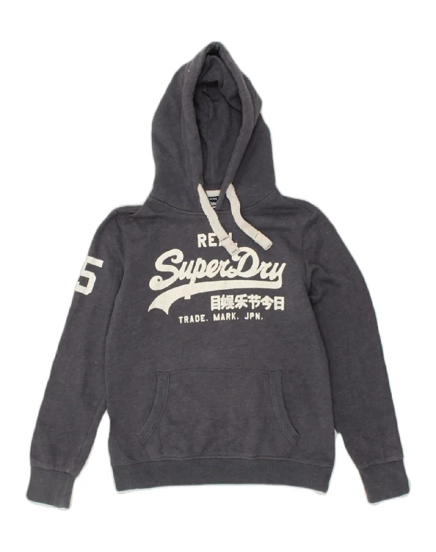 SUPERDRY Womens Graphic Hoodie Jumper UK 12 Medium  Navy Blue Cotton Hoodie Dress Longline Feminine