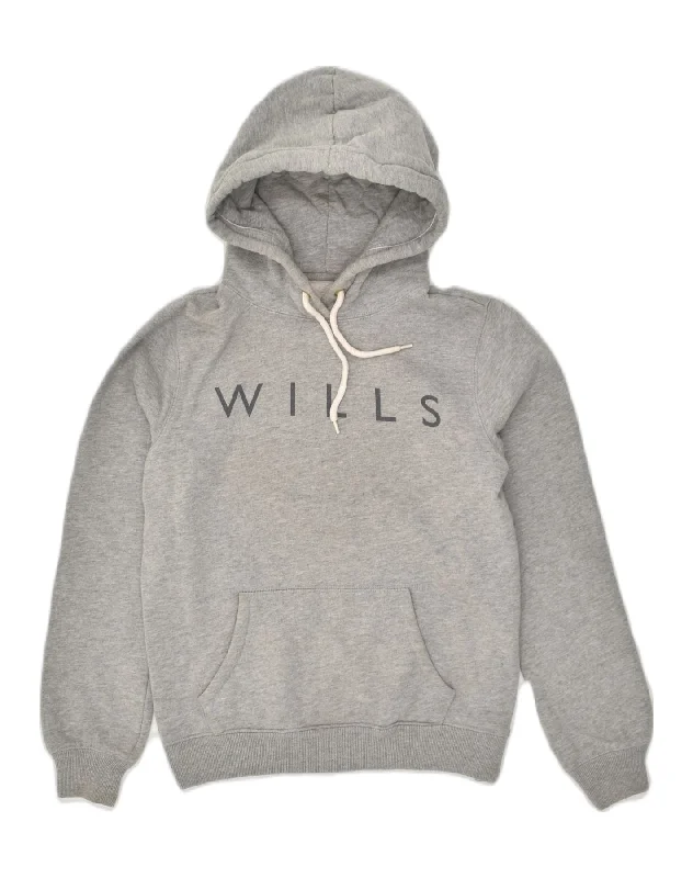 JACK WILLS Womens Loose Fit Graphic Hoodie Jumper UK 10 Small Grey Cotton Hoodie with Strings Custom Fit Adjustable