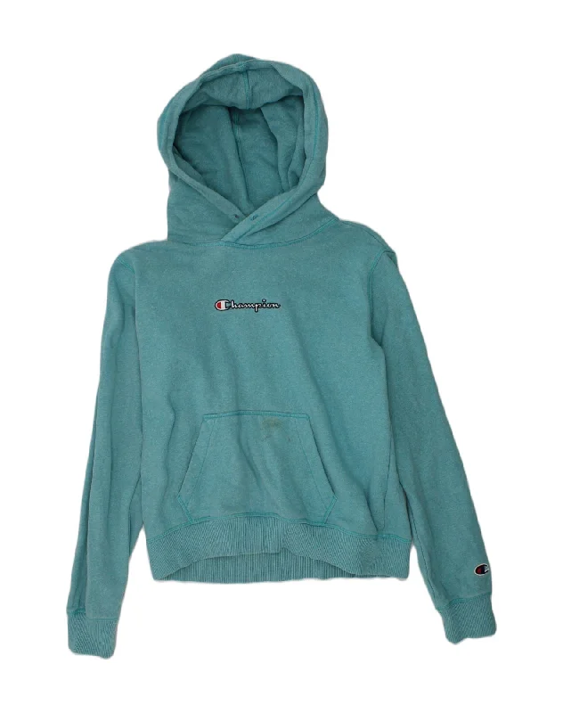 CHAMPION Womens Graphic Hoodie Jumper UK 10 Small Turquoise Cotton Hoodie with Earth Tones Natural Calm CHAMPION Womens Graphic Hoodie Jumper UK 10 Small Turquoise Cotton Hoodie with Earth Tones Natural Calm